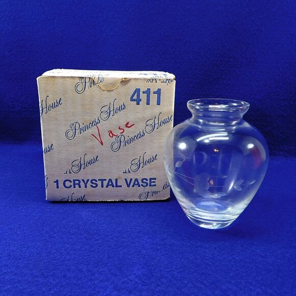 Vintage Princess House Crystal Vase  Etched Floral #411 4"  Original Box - Picture 1 of 6